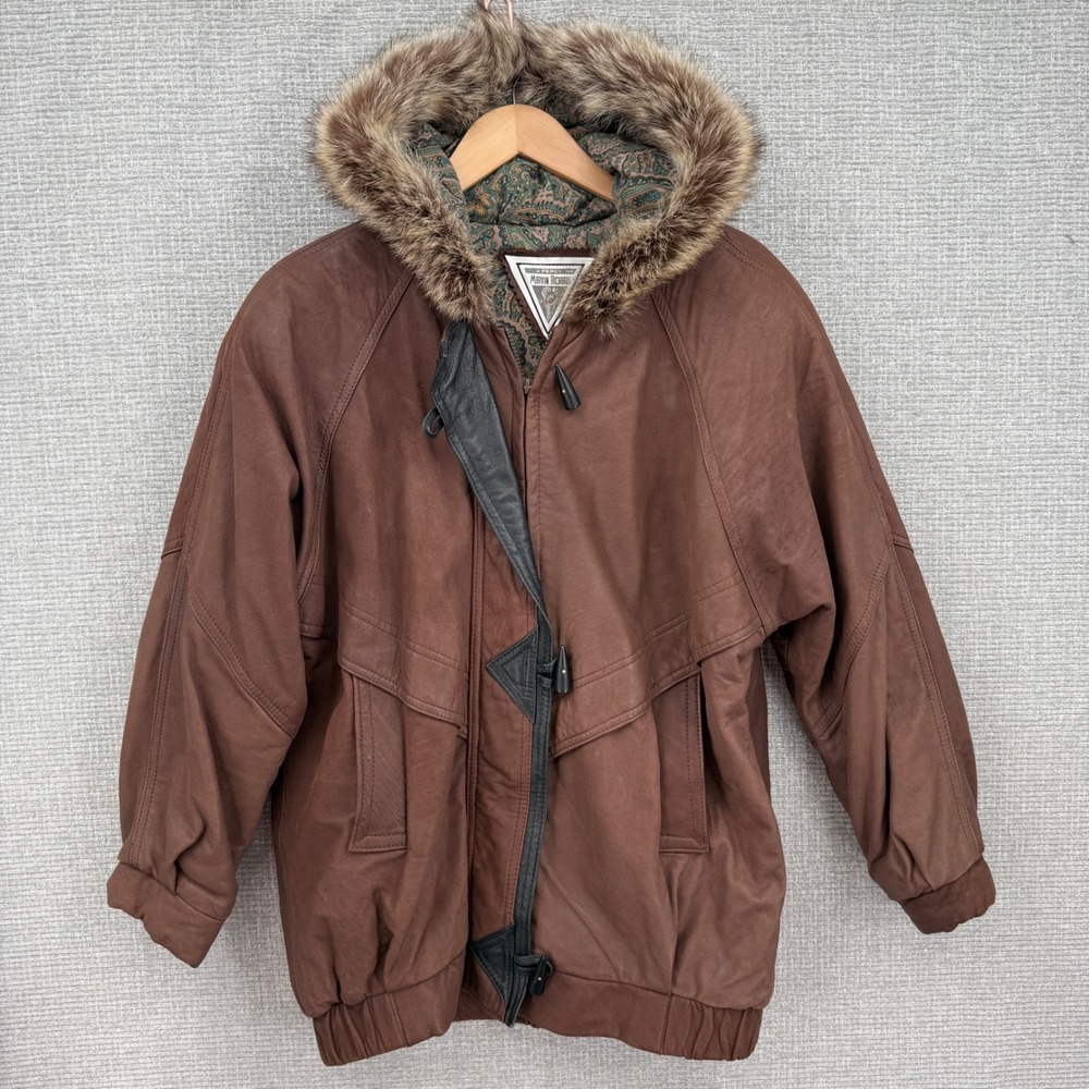 Marvin Richards Mens Sz XL Brown Genuine Leather Fur Hood Bomber Jacket Lined‎